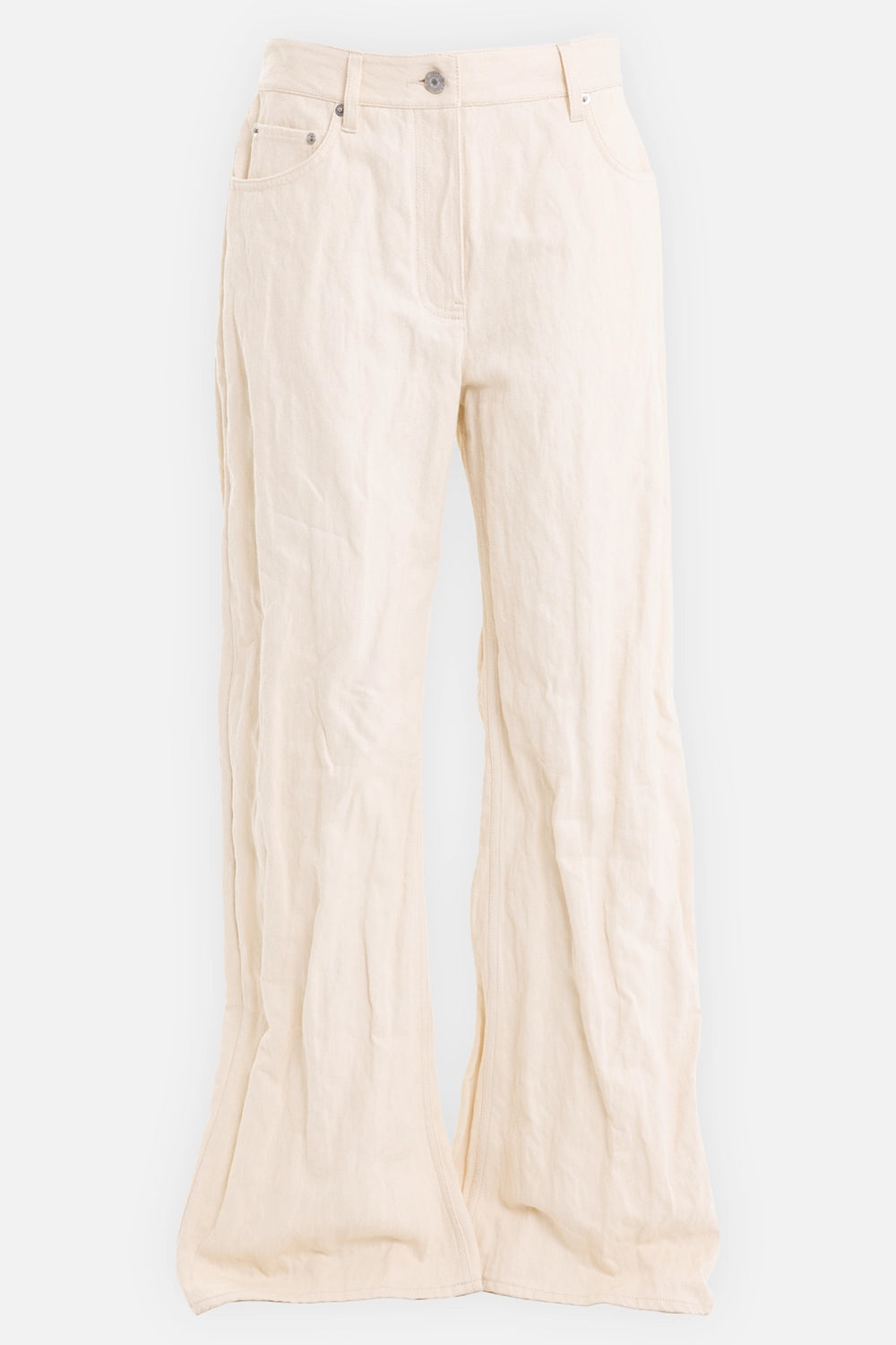 Helmut Lang women's bootcut jeans in Almond, front mannequin view with silver button and flared crinkled legs