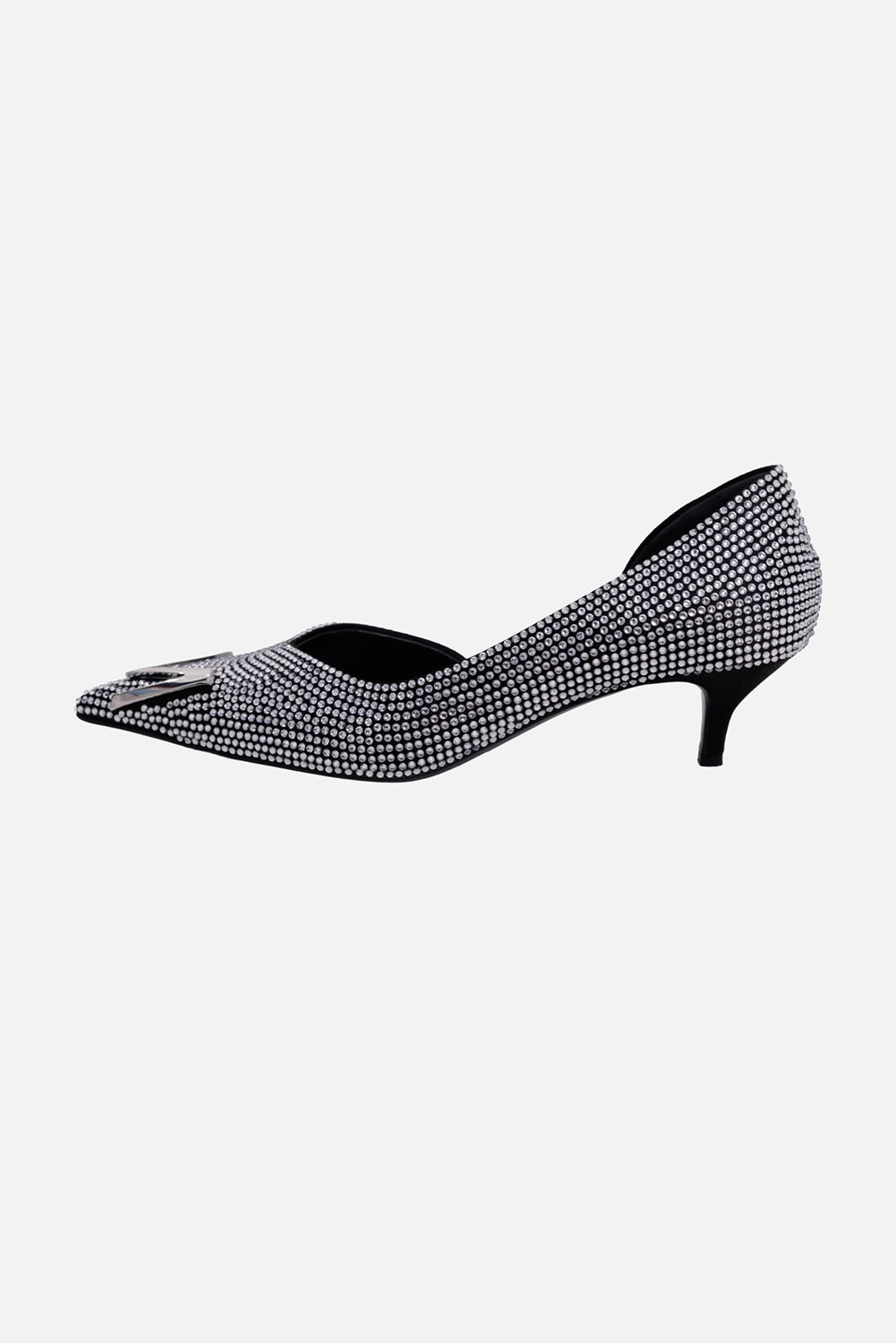 Magda Butrym women's pumps in black, hardware close-up, silver M toe trim with crystal rows