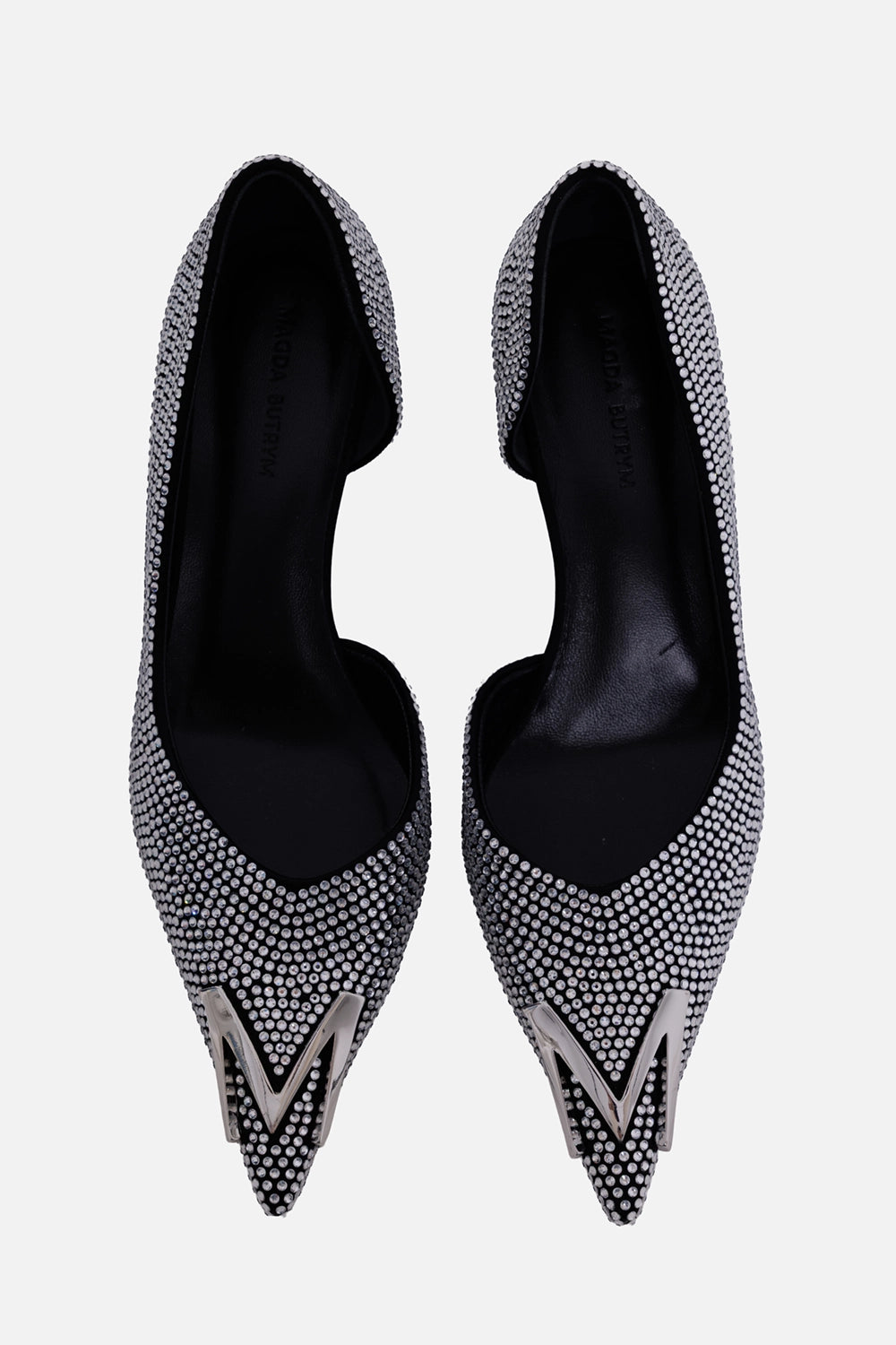 Magda Butrym women's pumps in black, top view, black leather insoles and crystal-covered vamps