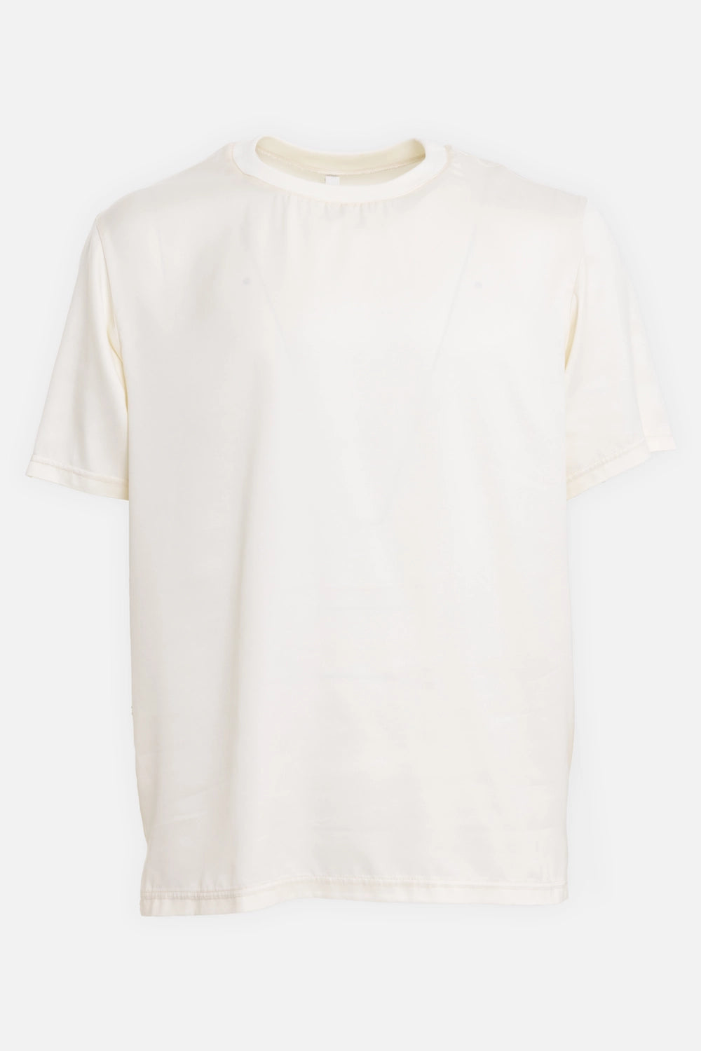 ATTACHMENT men's T-shirt in off-white, front view with crew neck and smooth satin body