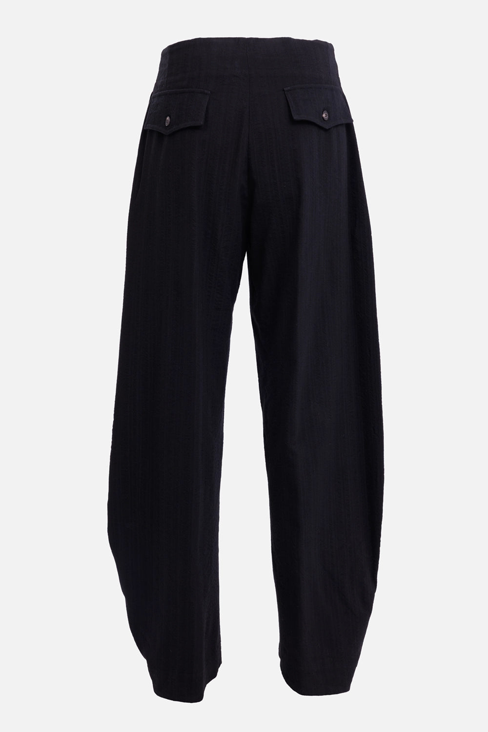 Uma Wang women's black trousers, back view with curved legs and two buttoned flap pockets