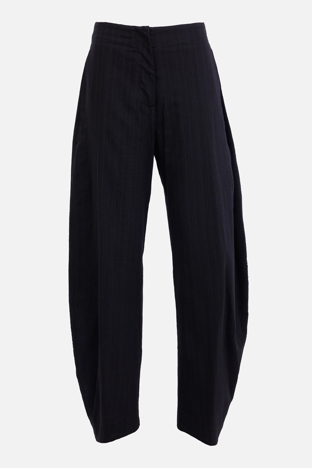 Uma Wang women's black trousers, front view with high waist, subtle woven texture and sculpted curved legs