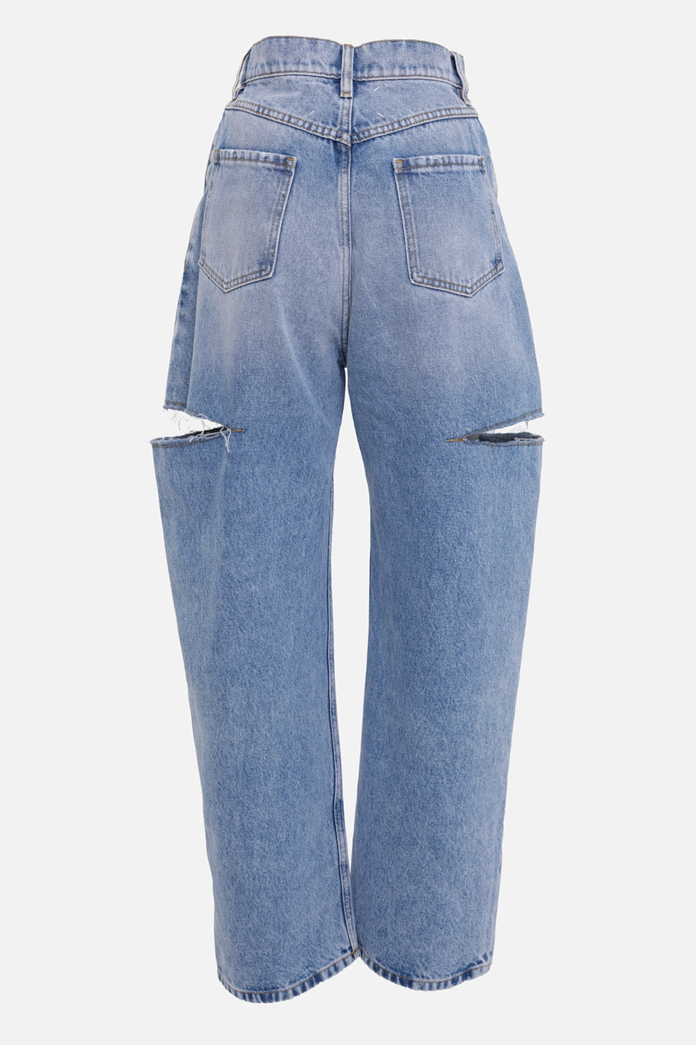 Maison Margiela women's cut-out wide-leg jeans in washed indigo, back view with patch pockets and rear slashes