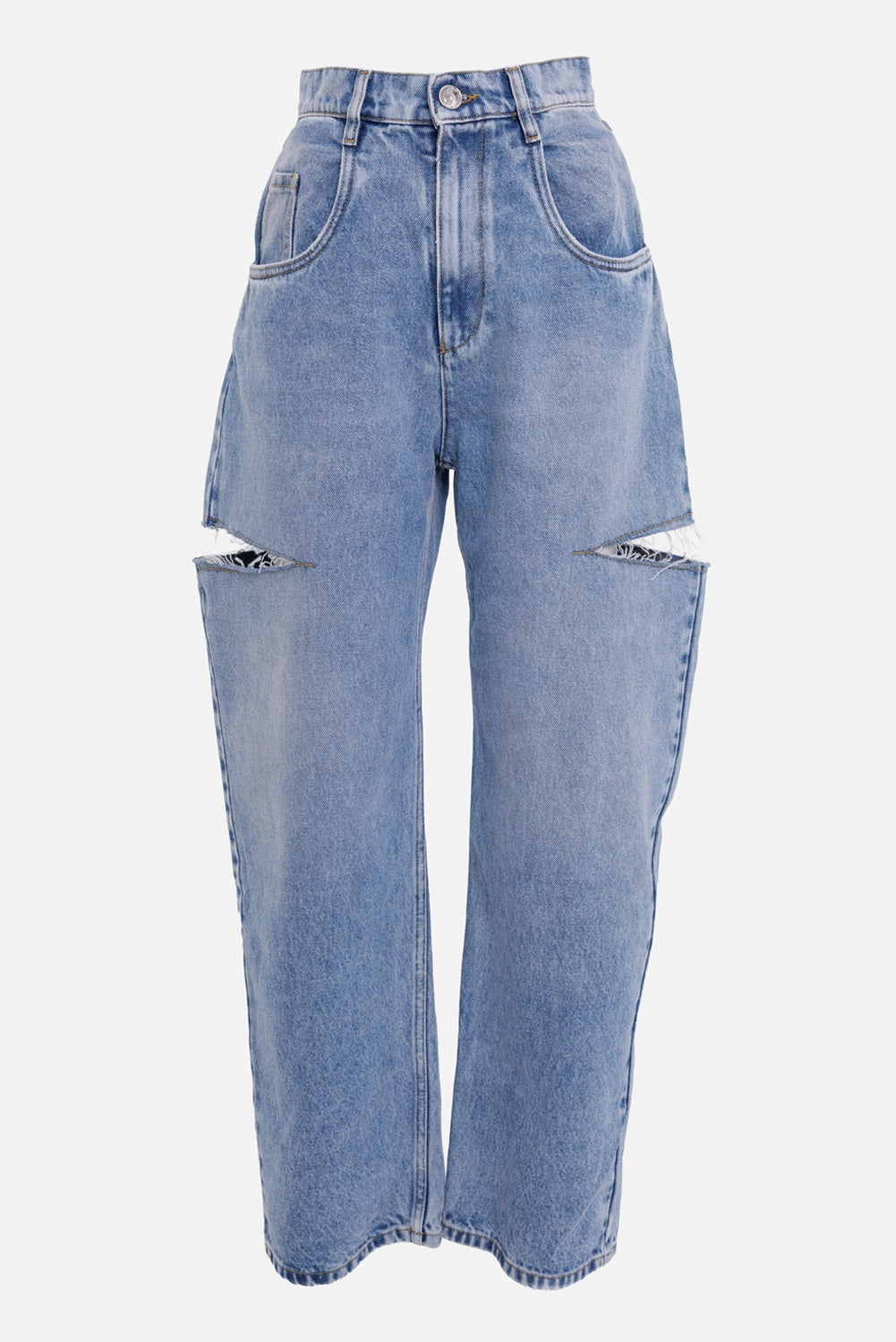Maison Margiela women's cut-out wide-leg jeans in washed indigo, front view with raw thigh slashes