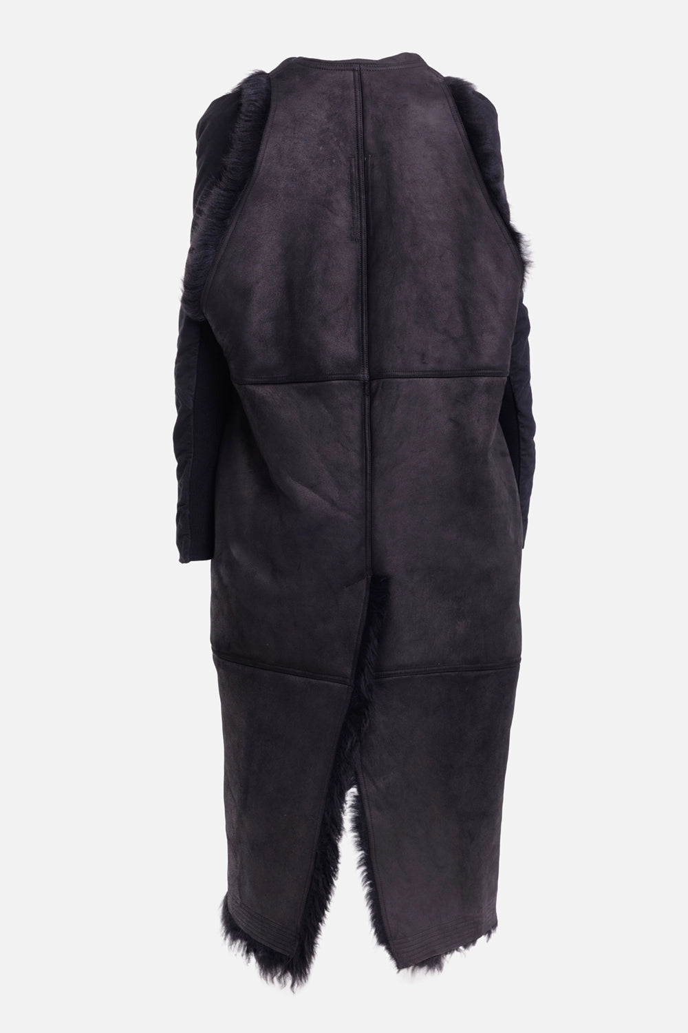Rick Owens women’s Cyclops coat in black, back view with panelled suede body and long shearling-trimmed hem