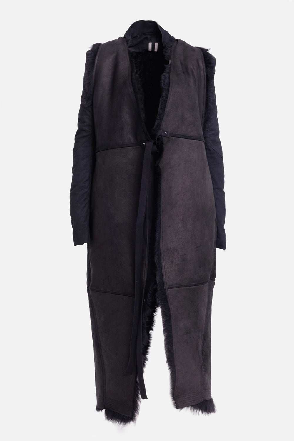 Rick Owens women’s Cyclops coat in black, front view with matte suede panels, wrap ties and shearling edges
