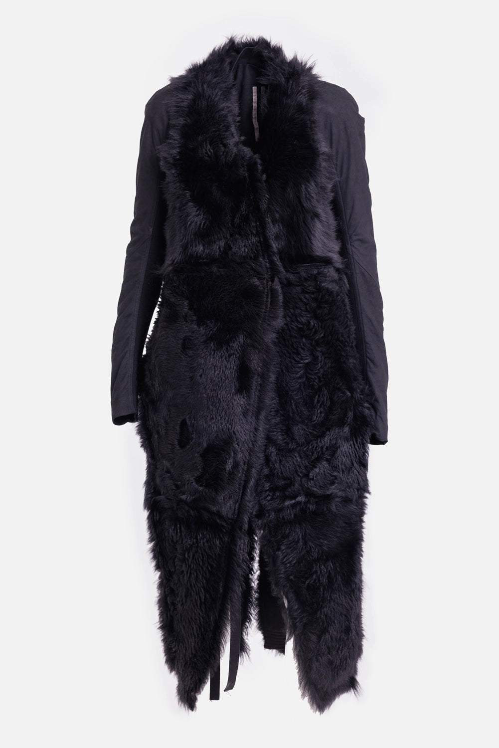 Rick Owens women’s Cyclops coat in black, reverse view showing long-haired shearling interior and wrap front