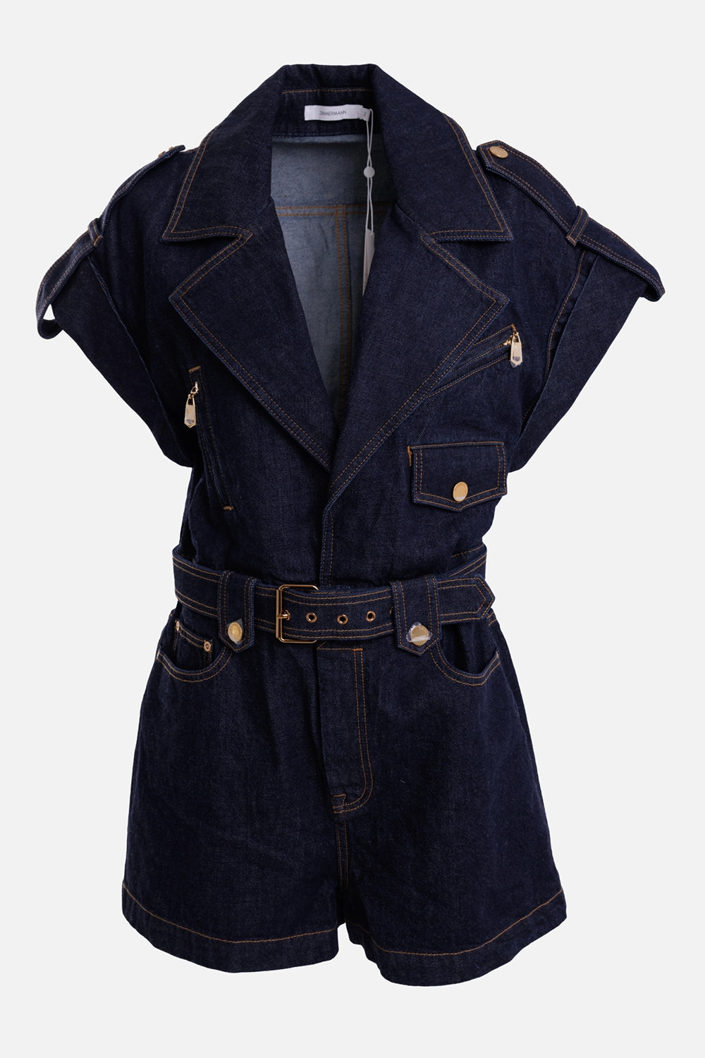 Zimmermann women's denim playsuit in Night Sky, front view, wide lapels, belt and gold zip hardware