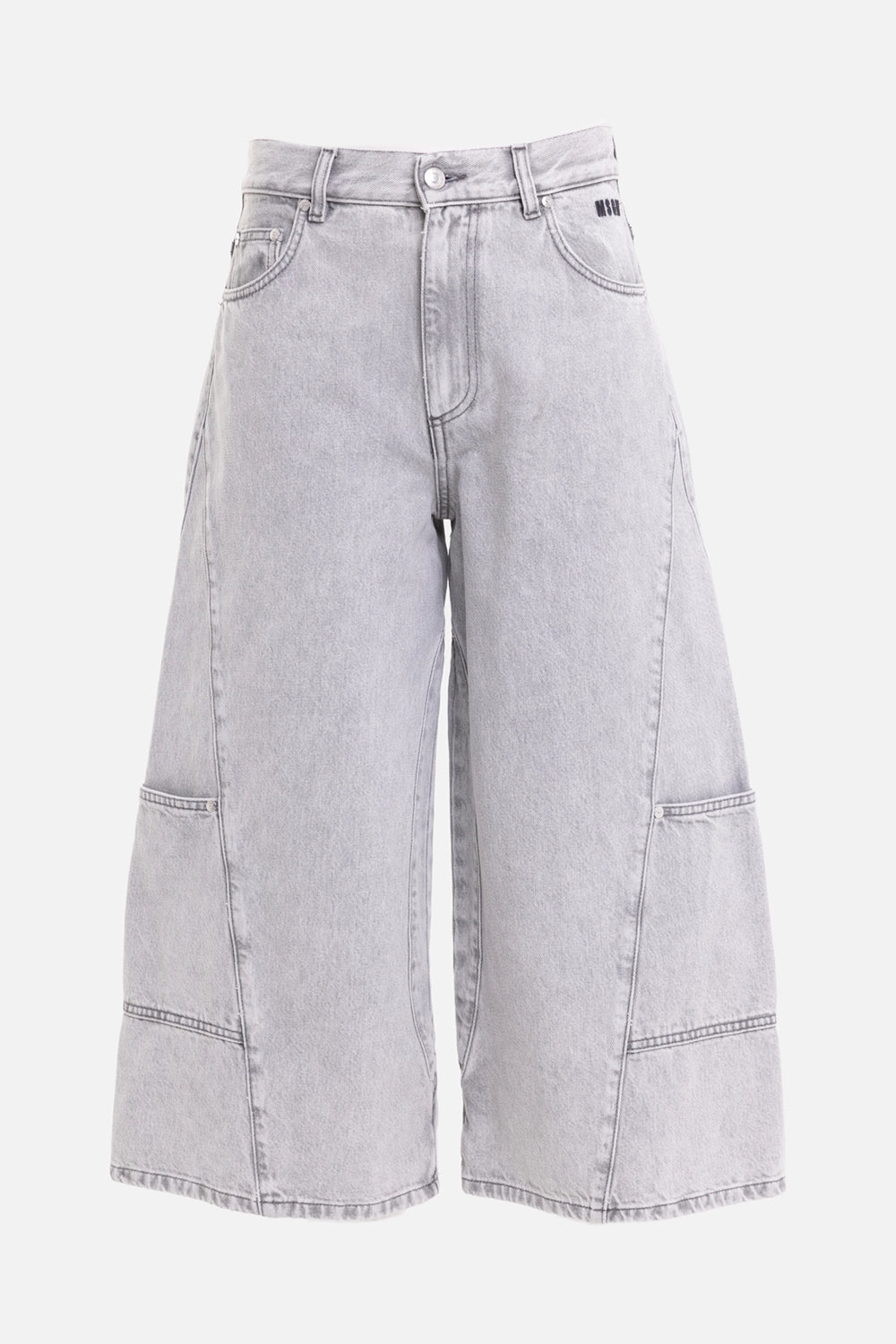 MSGM women's denim Bermuda shorts in Light Grey, front view, paneled seams and small logo embroidery