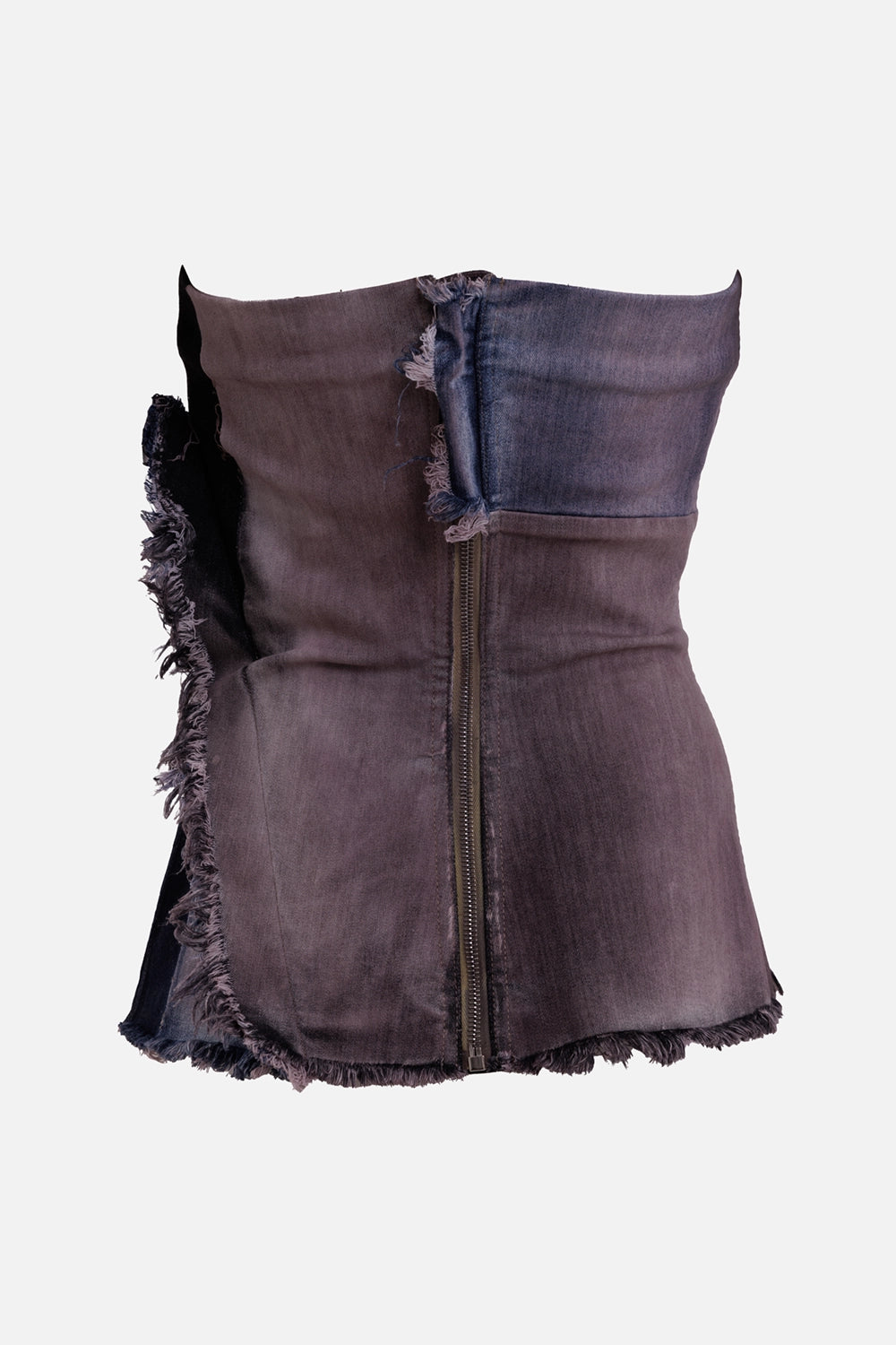 Rick Owens women's Rose Combo denim bustier, back view with full-length metal zip and frayed side panel
