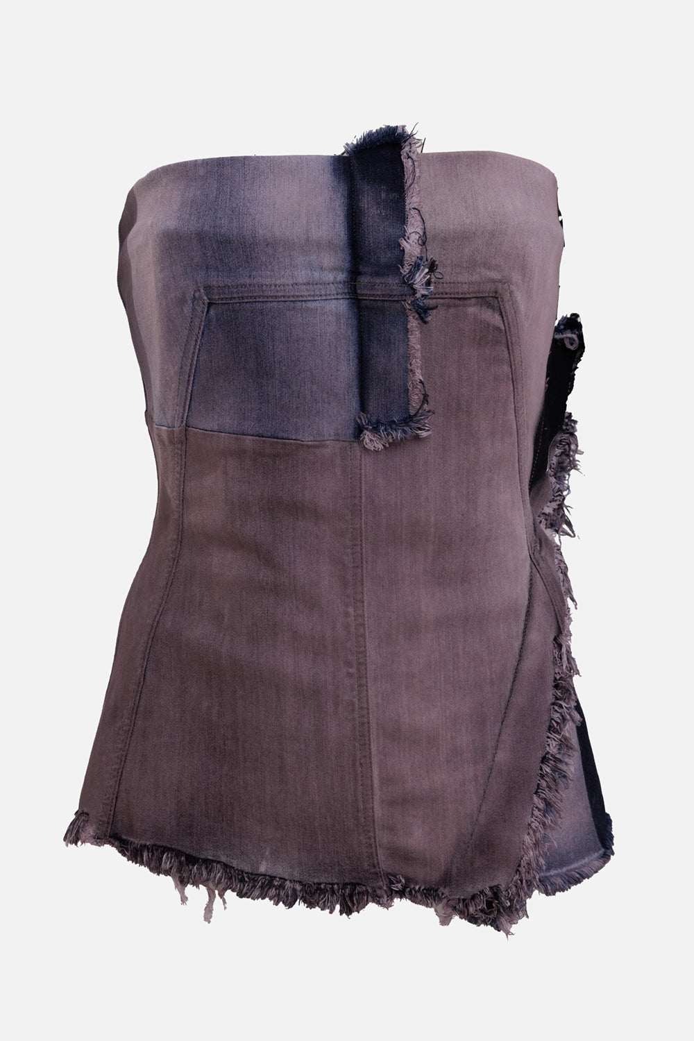 Rick Owens women's Rose Combo denim bustier, front view with patch pocket, faded panels and distressed tab