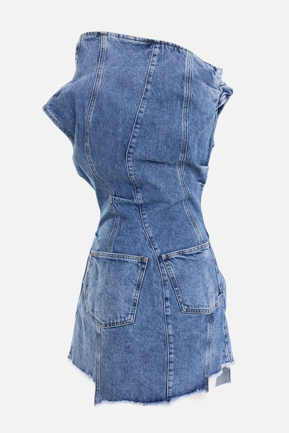 Natasha Zinko women's denim dress in light wash, back view, patch pockets and shaped panel seams