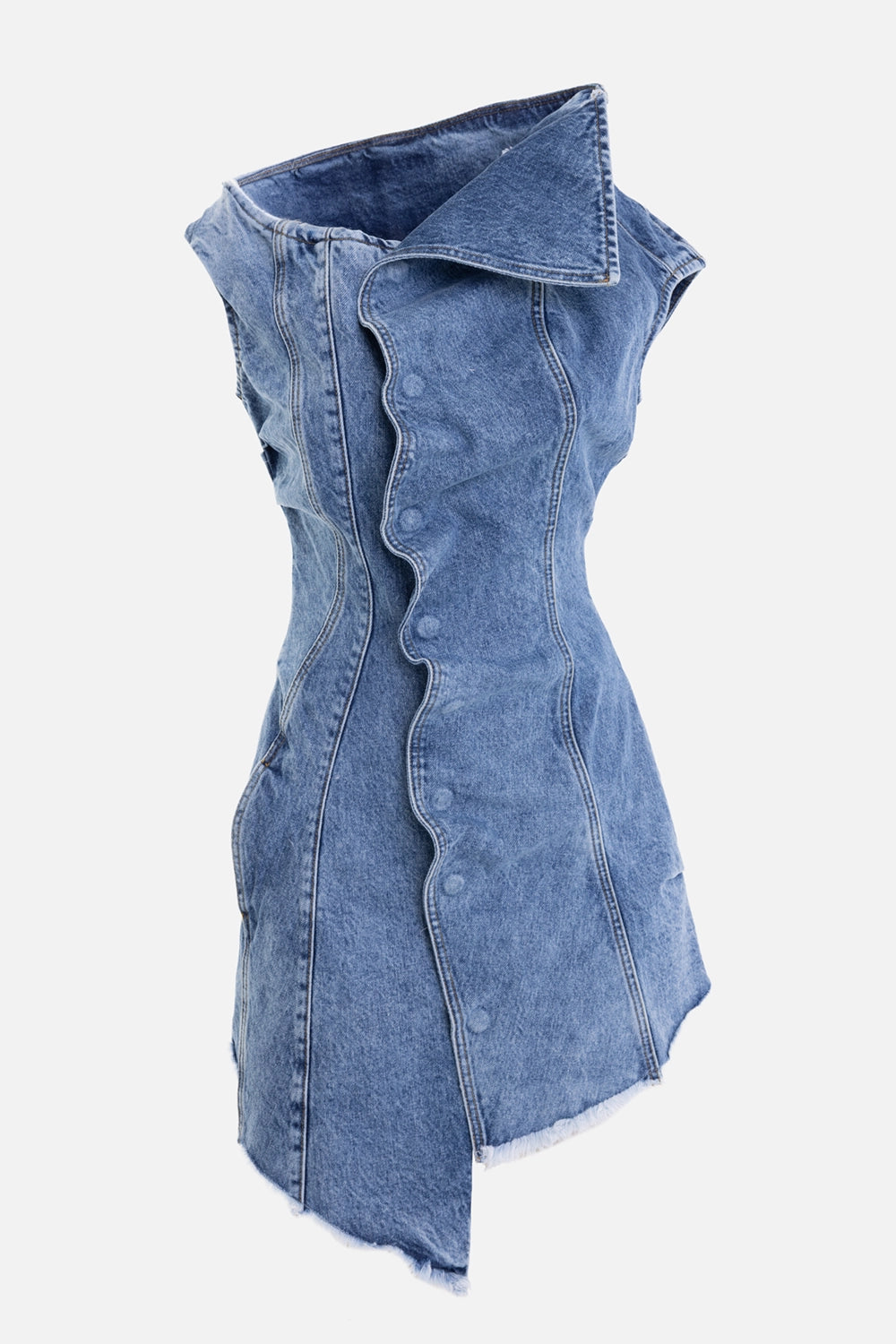 Natasha Zinko women's denim dress in light wash, front view, wavy button placket and raw asymmetric hem