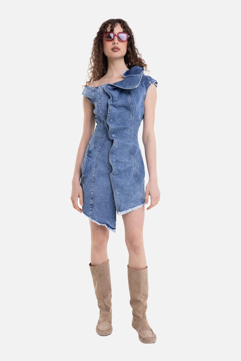 Natasha Zinko women's denim dress in light wash, on-model full-length view, oversized collar and raw hem