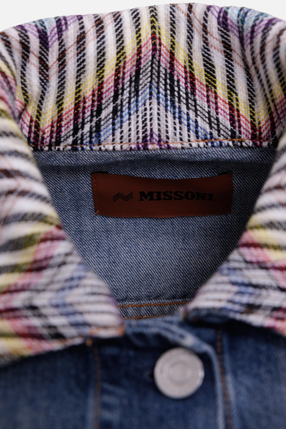 Missoni women's denim jacket in blue, logo detail, tan back patch with embossed branding