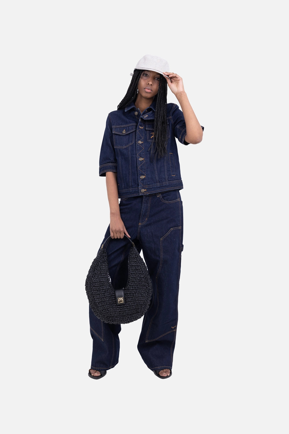 Zadig&Voltaire women’s denim jacket in brut, on-model full-length view, cropped short sleeves with contrast topstitching.