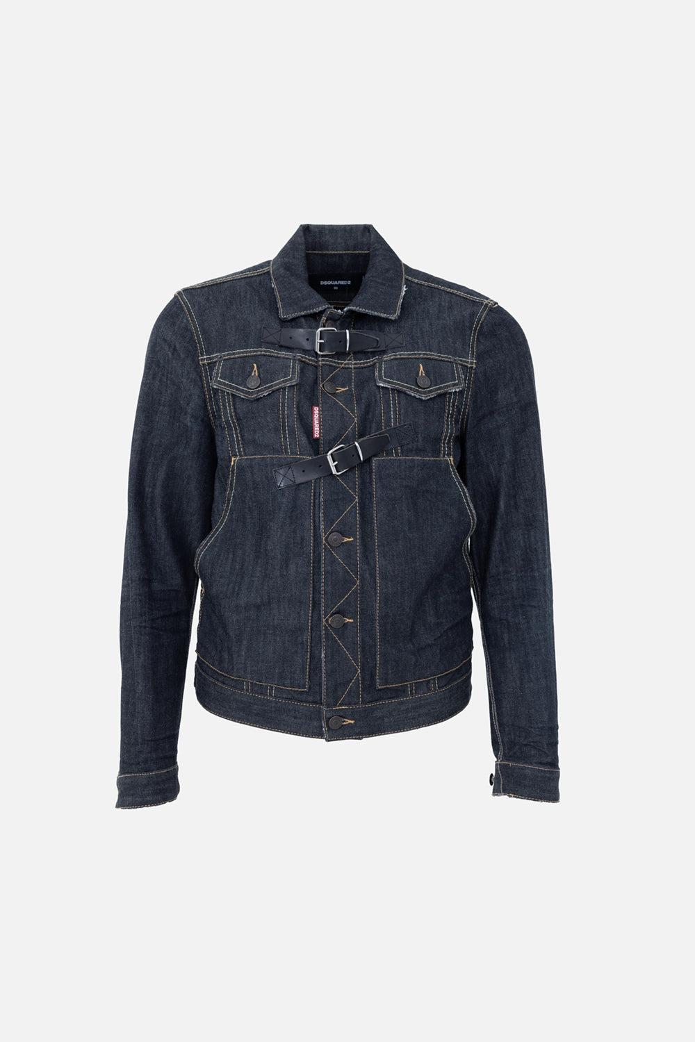 Pre-owned Dsquared2 men's denim jacket in indigo, front view, double leather buckle straps