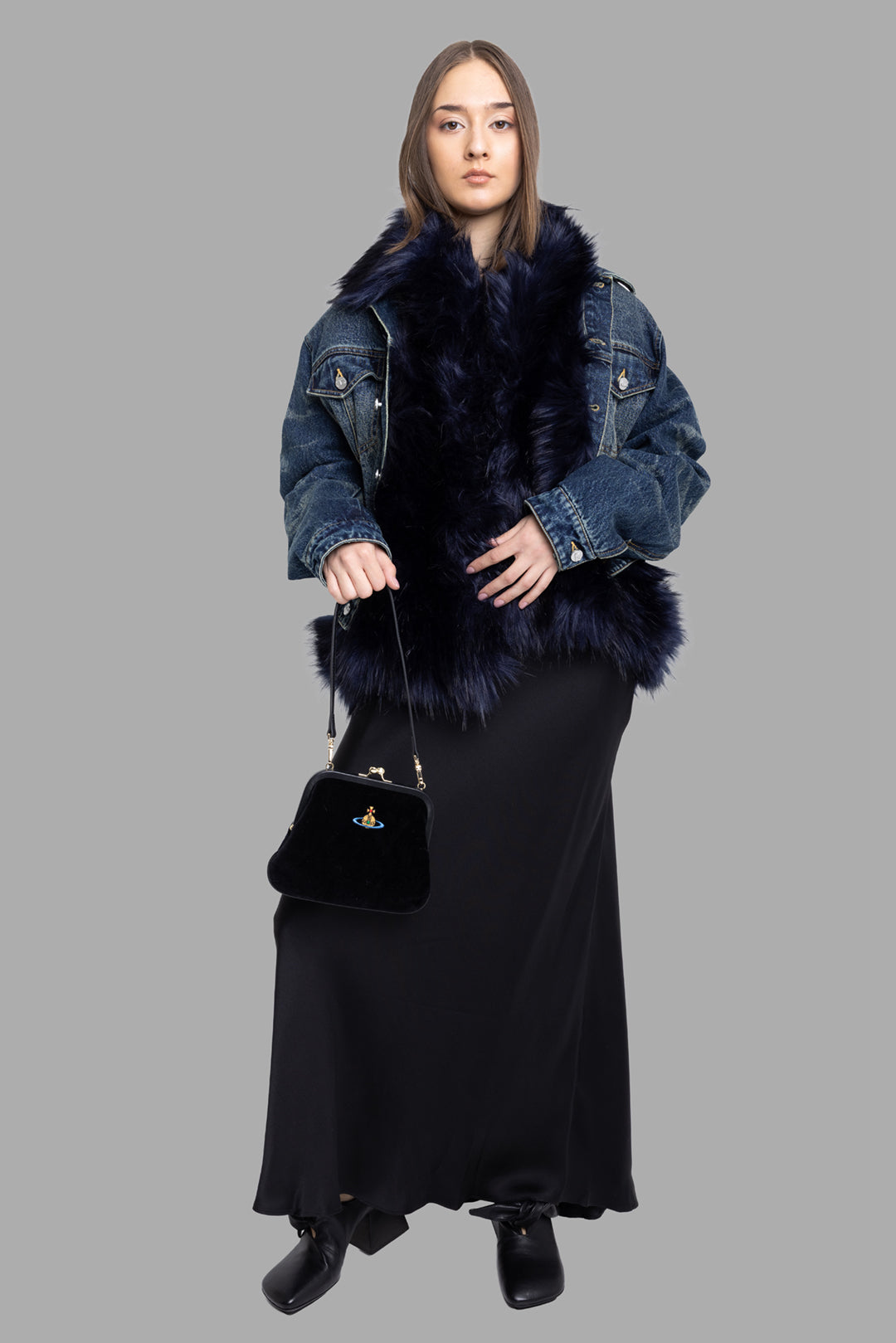 Natasha Zinko women's light wash denim jacket with black faux fur front, on-model full length, oversized fit