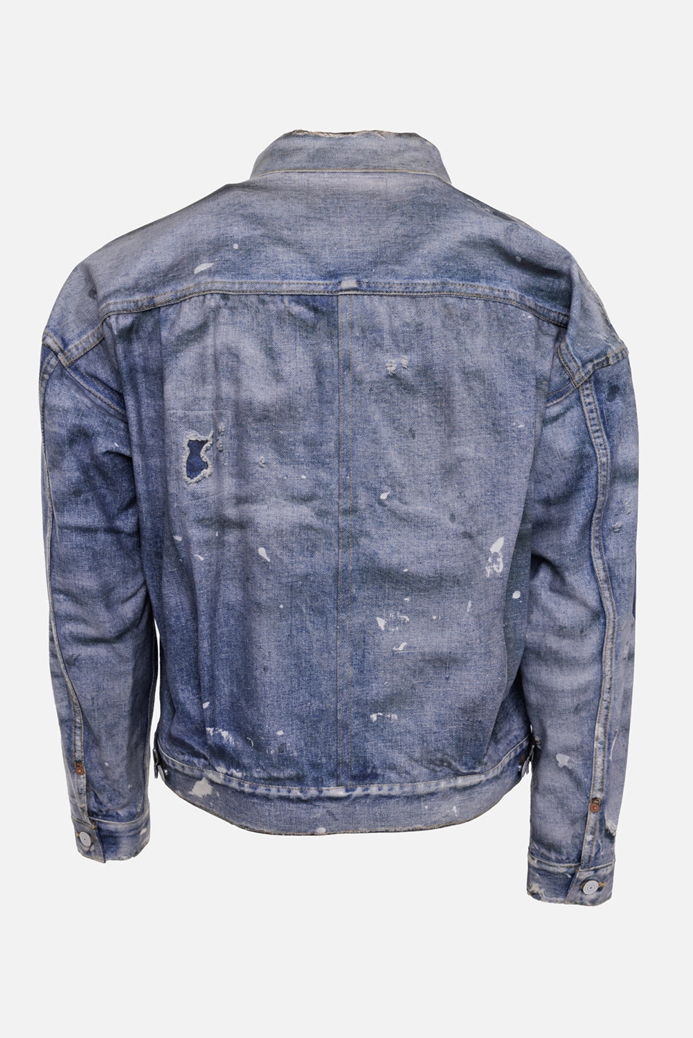 eYe Junya Watanabe MAN men's jacket in indigo, back view, faded denim print and waist tabs