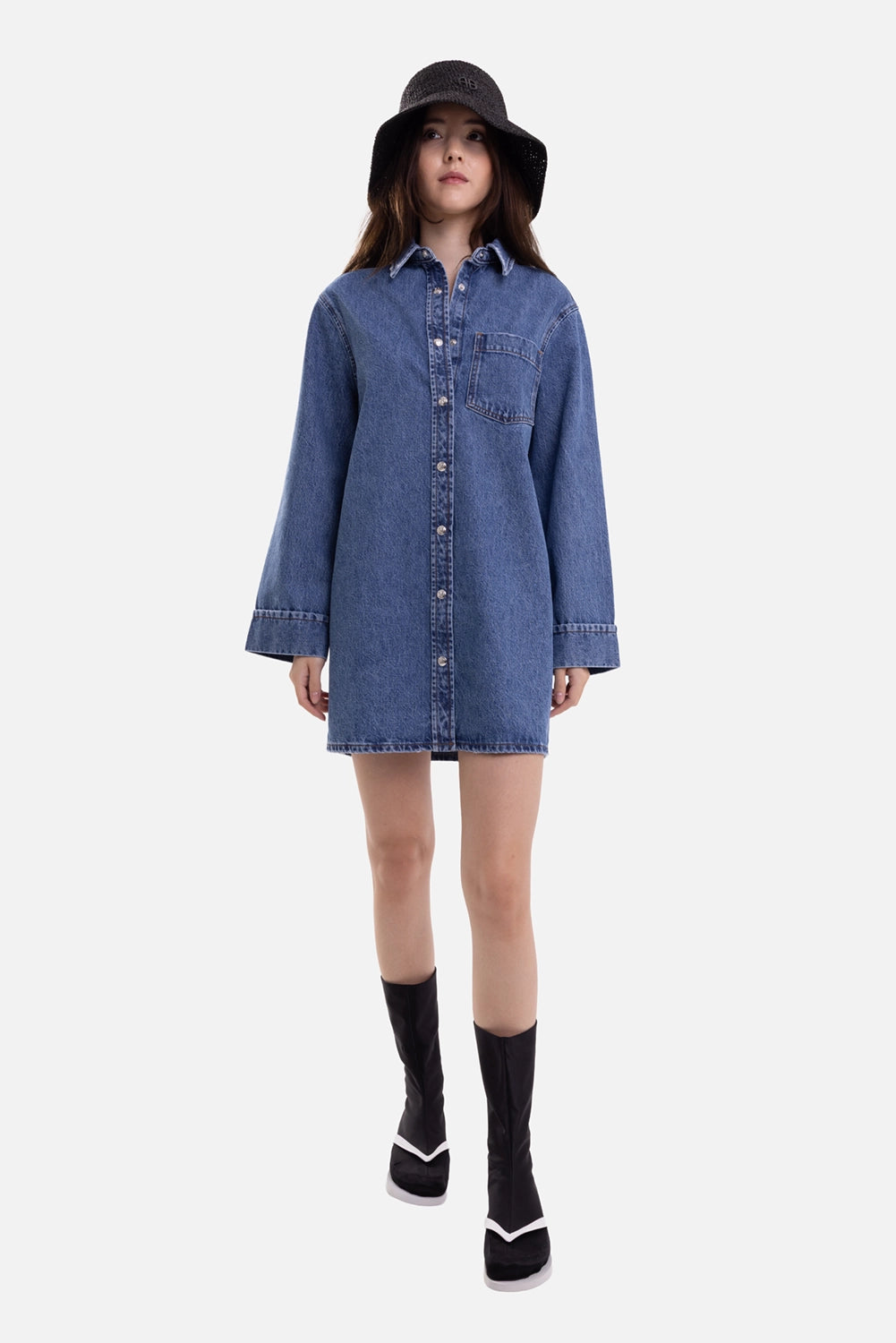 Anine Bing women's denim shirt dress in Freshwater Blue, full-length view with oversized fit and chest pocket