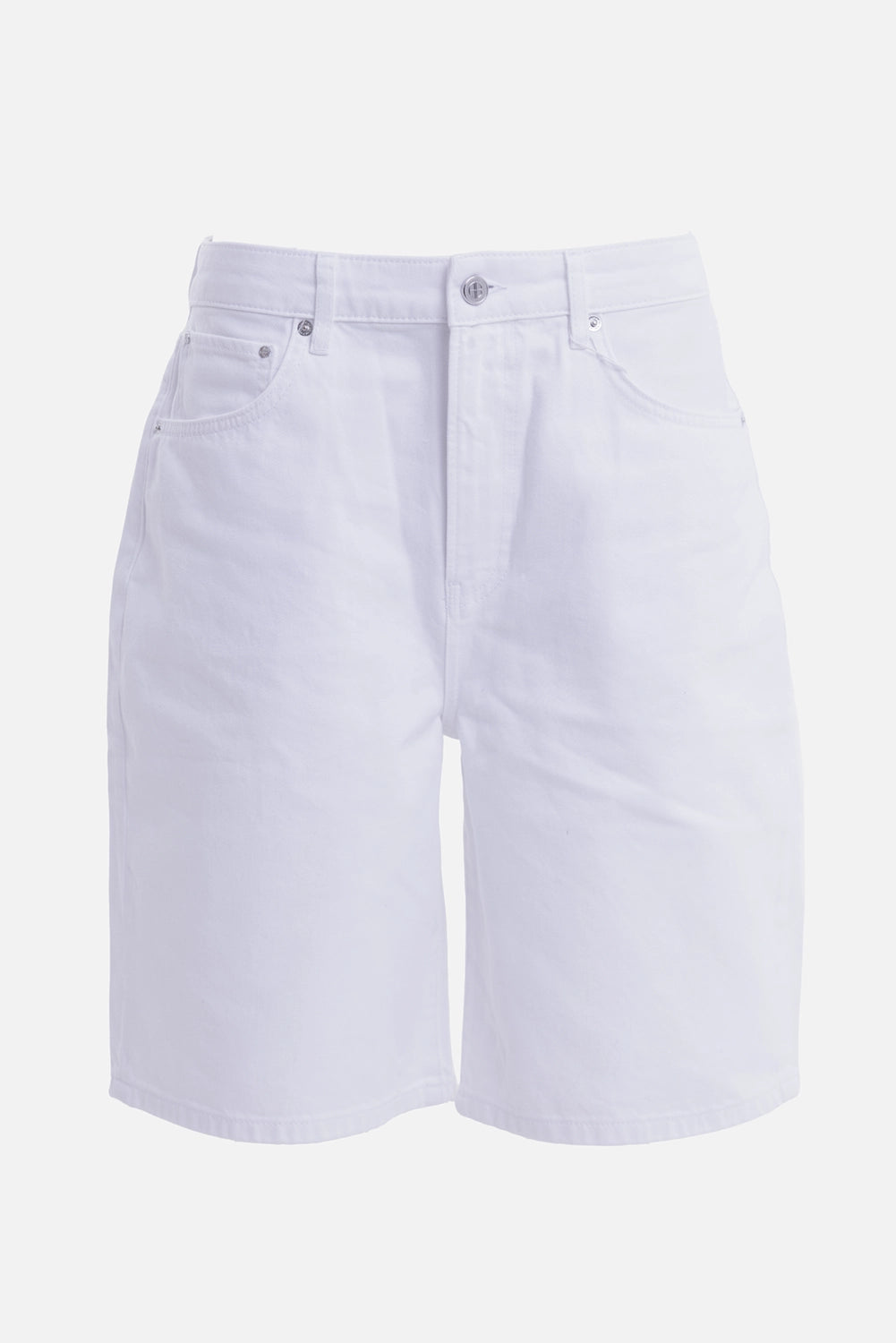 Anine Bing women's white denim shorts, front view with five-pocket design and silver-tone button