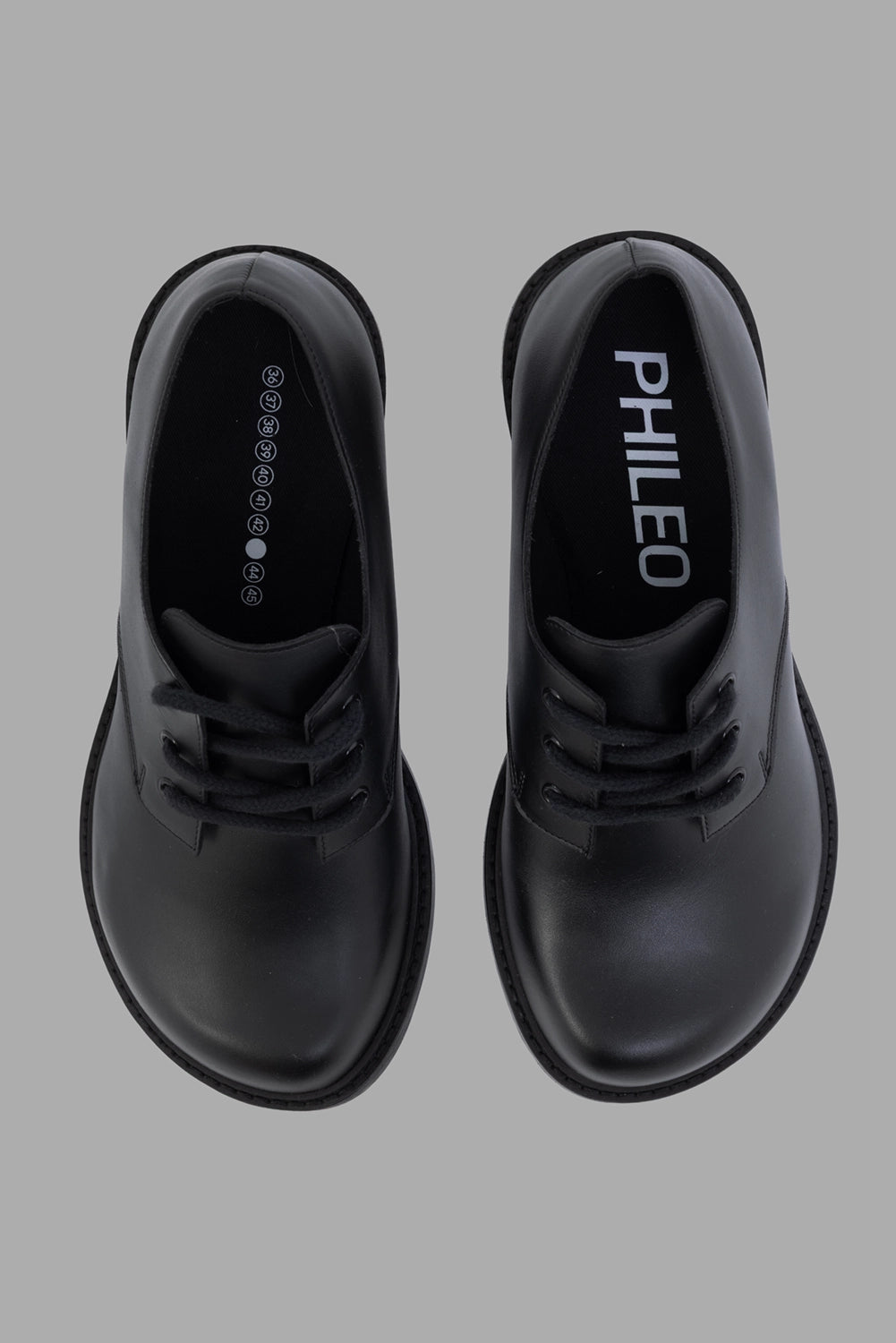 PHILEO derby shoes in black, top view, rounded toe and padded microfiber lining