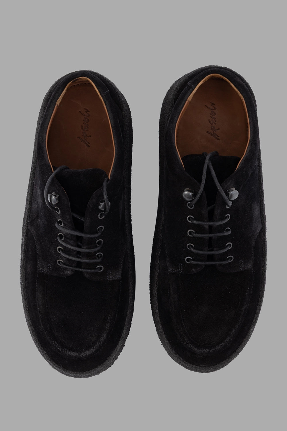 Marsèll derby shoes in black, 3/4 view, moc toe with five-eyelet lacing