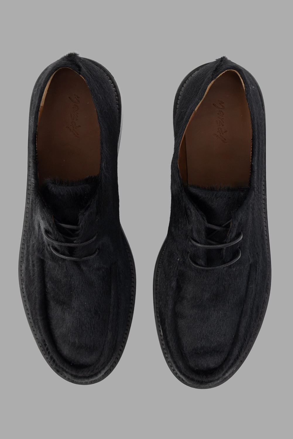 Marsèll men’s derby shoes in black, top view, two-eyelet lacing and apron toe