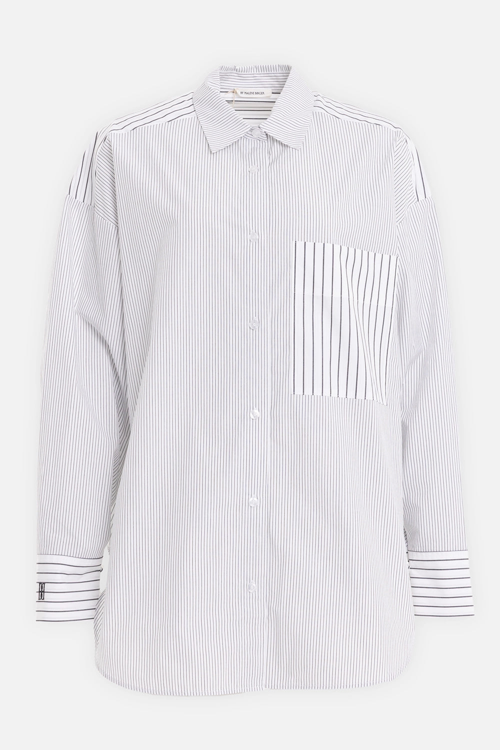 By Malene Birger women's striped cotton shirt in black and white, front view with chest pocket and button placket