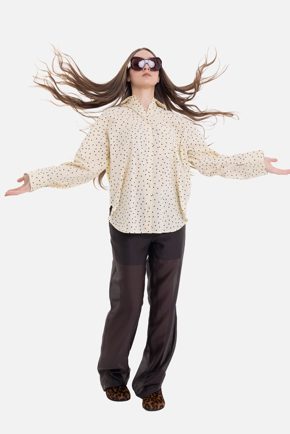 By Malene Birger women's Derris Voile shirt in polka dot print, on-model full length with oversized cuffs