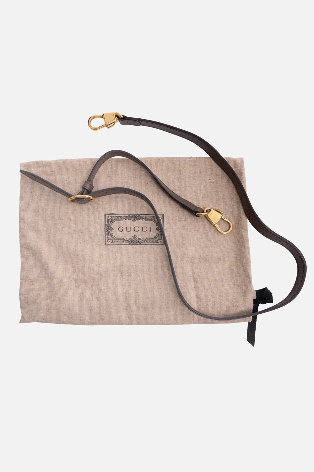 Pre-owned Gucci dust bag and shoulder strap in beige and brown, accessories view, gold-tone lobster clasps