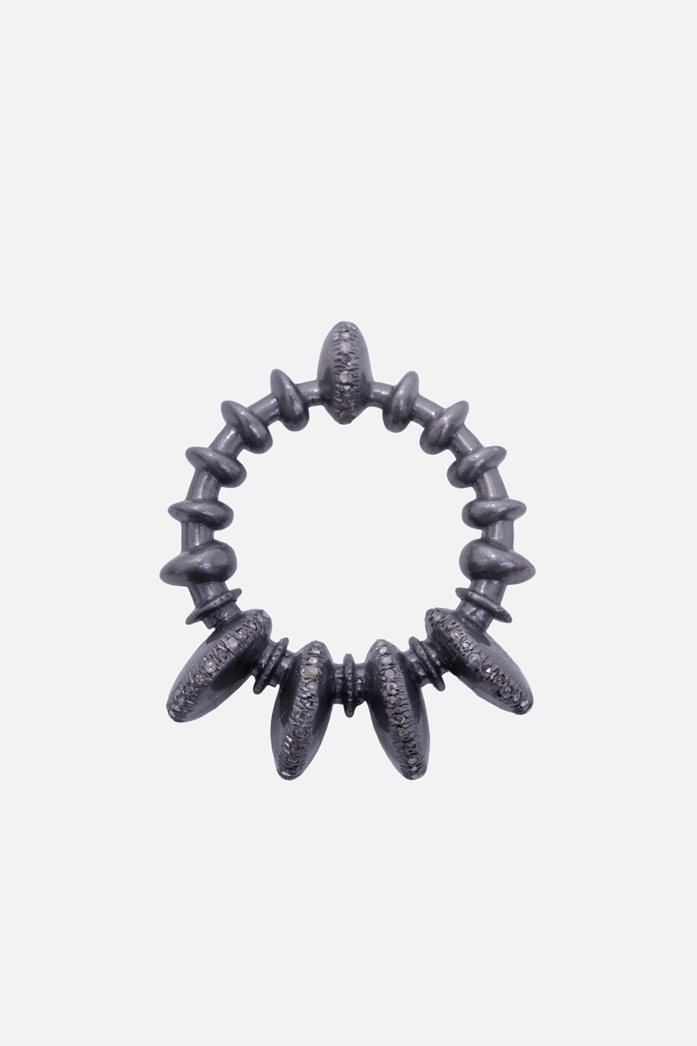 Kundo unisex disc bracelet in blackened silver-tone, top view with tapered spacers around the sculptural band
