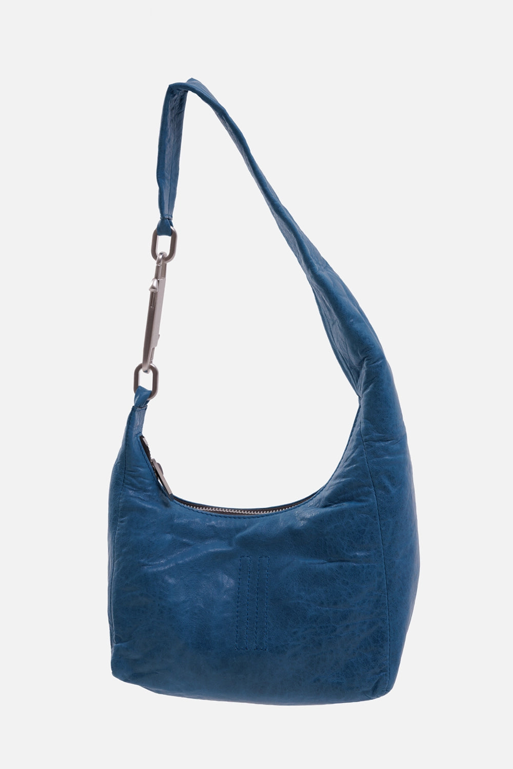 Rick Owens shoulder bag in Nublu blue, back view with tonal triple stitching and curved zip opening