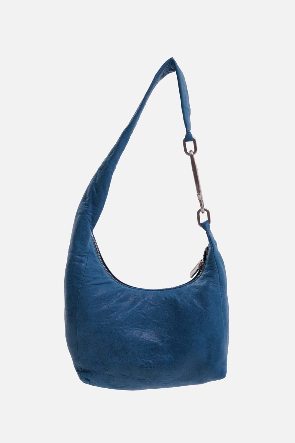 Rick Owens shoulder bag in Nublu blue, front view with crinkled leather, top zip and snap-hook strap