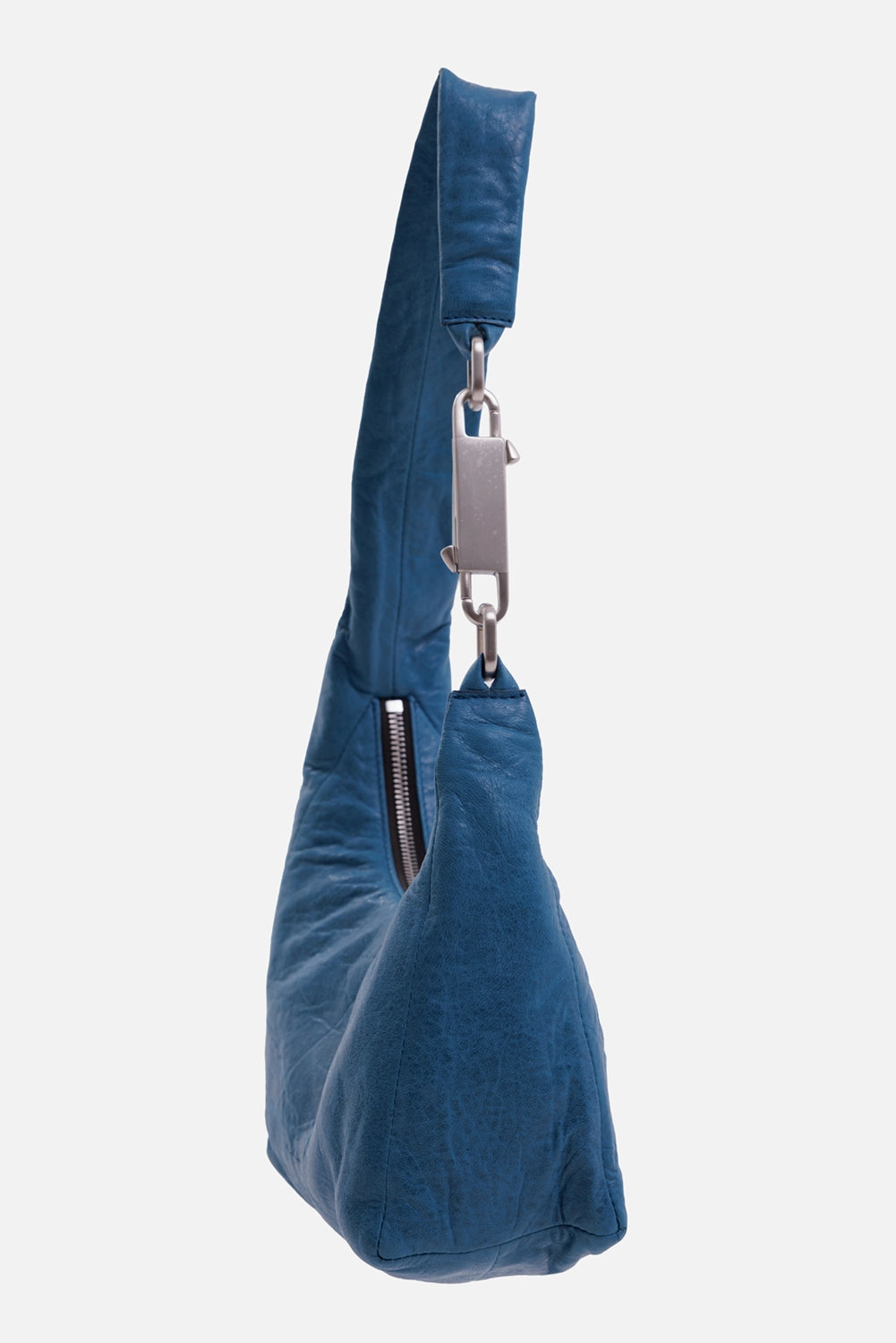 Rick Owens shoulder bag in Nublu blue, side view with slouched body and silver-tone connector hardware