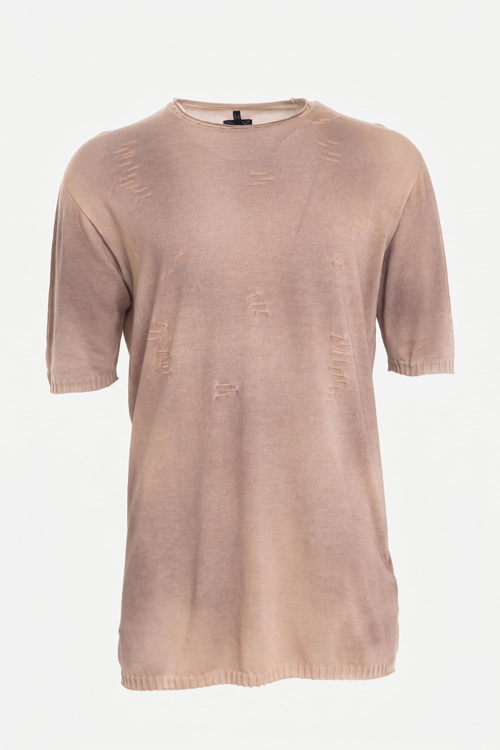 MD75 men's Distressed Knit Cotton T-Shirt in Sughero, front view with tonal abrasions and ribbed hem