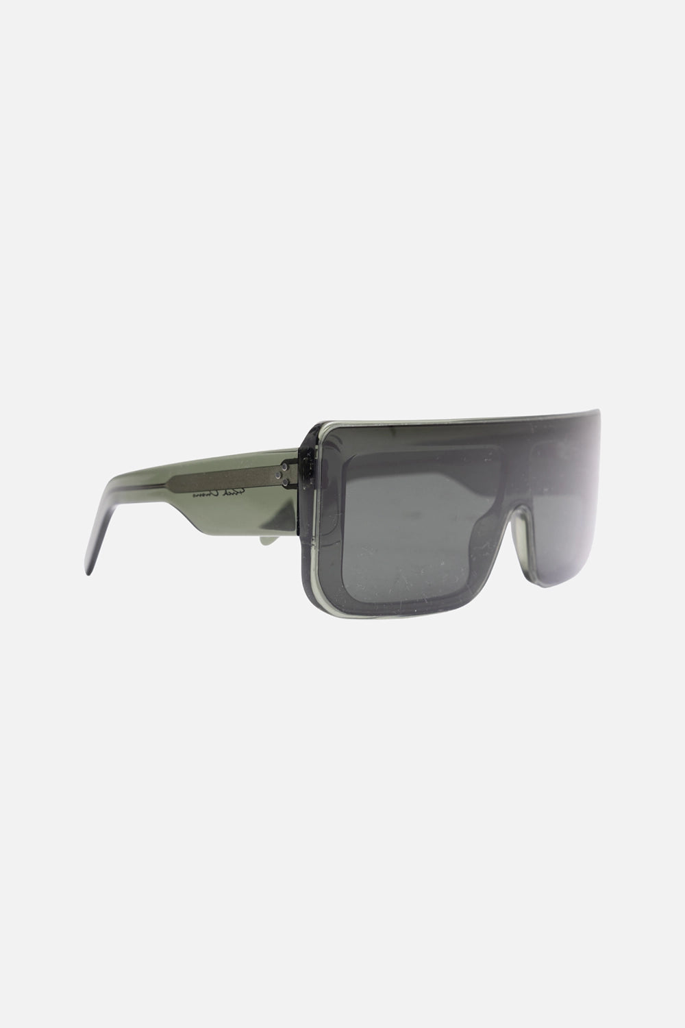 Rick Owens unisex Documenta sunglasses in Bosco, 3/4 view, wide temple with silver rivets