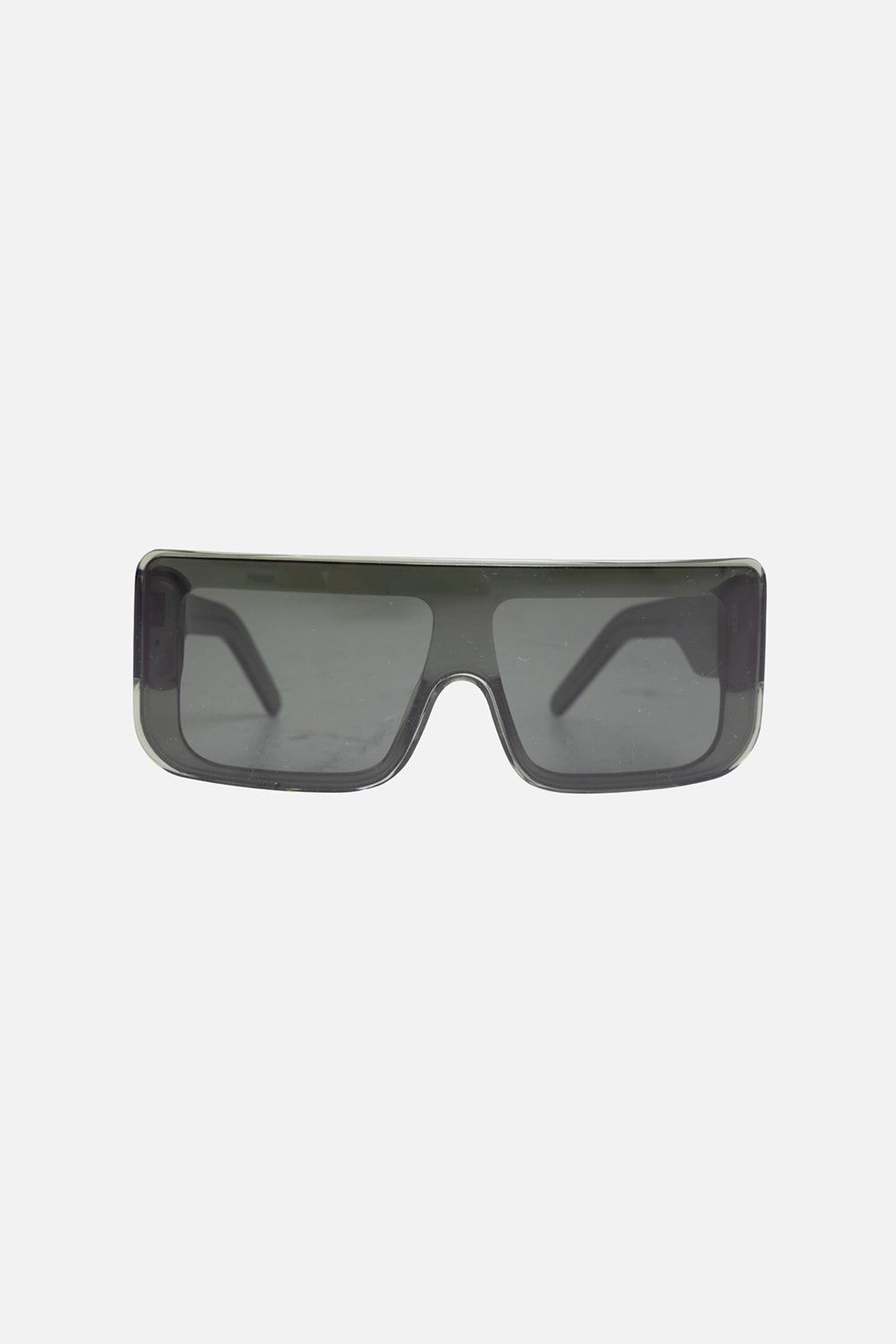 Rick Owens unisex Documenta sunglasses in Bosco, front view, single-cut lens and rectangular shield frame