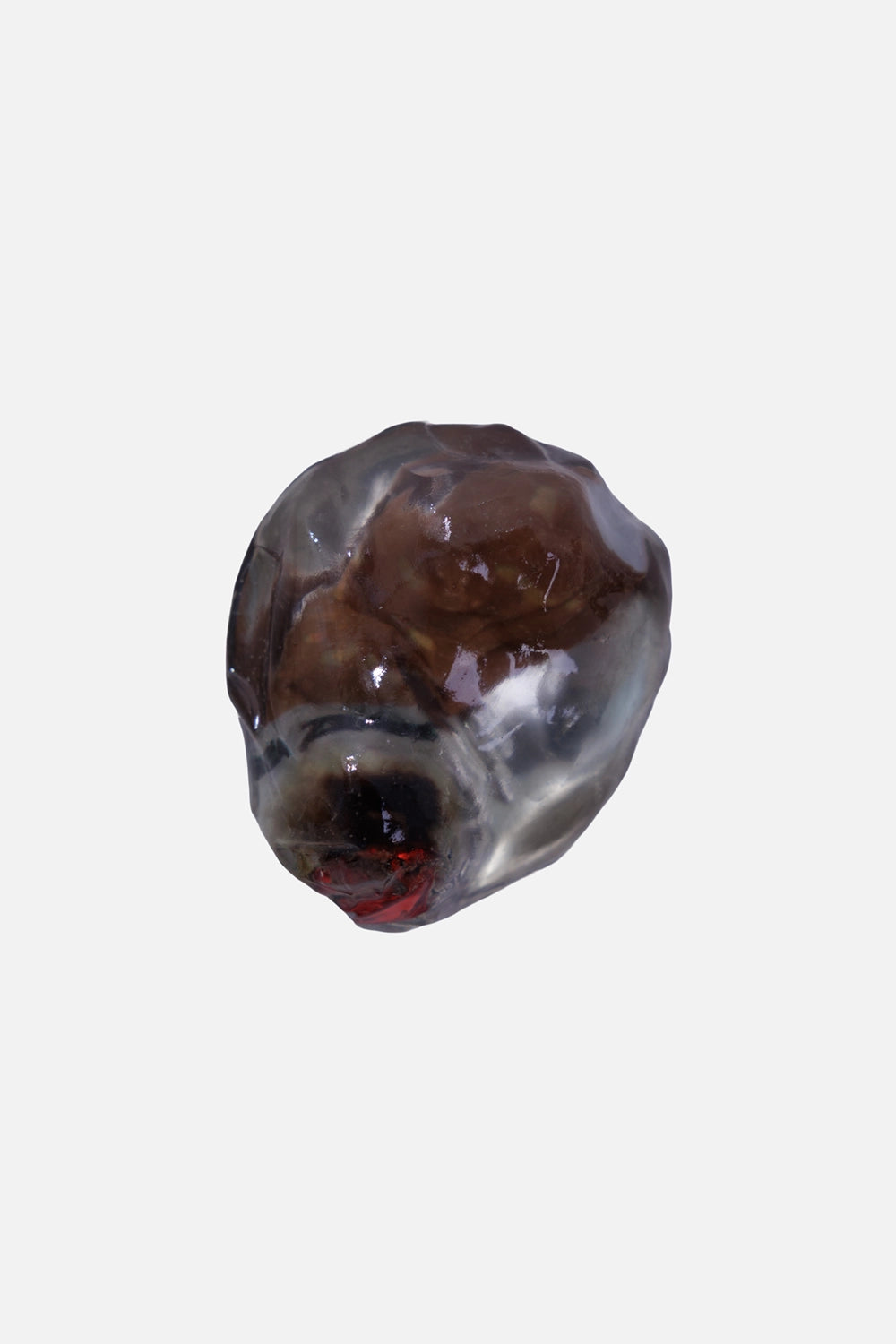 Jinko unisex dog-head brooch in clear, front view with brown face, black nose and red mouth detail