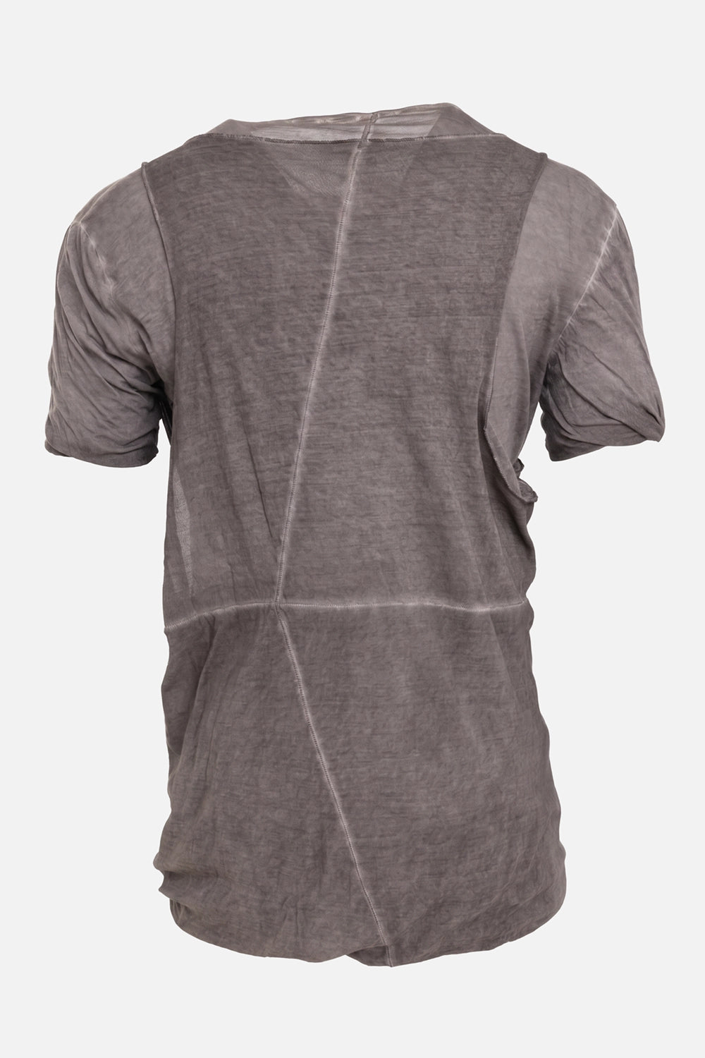 MD75 men's T-shirt in ash resin, back view with diagonal panel seams and translucent layered jersey