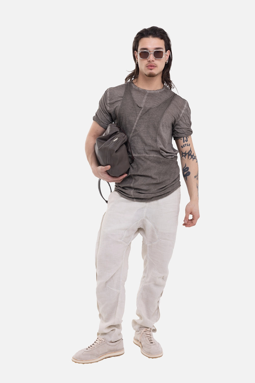 MD75 men's T-shirt in ash resin, on-model full-length view with layered seams and washed finish
