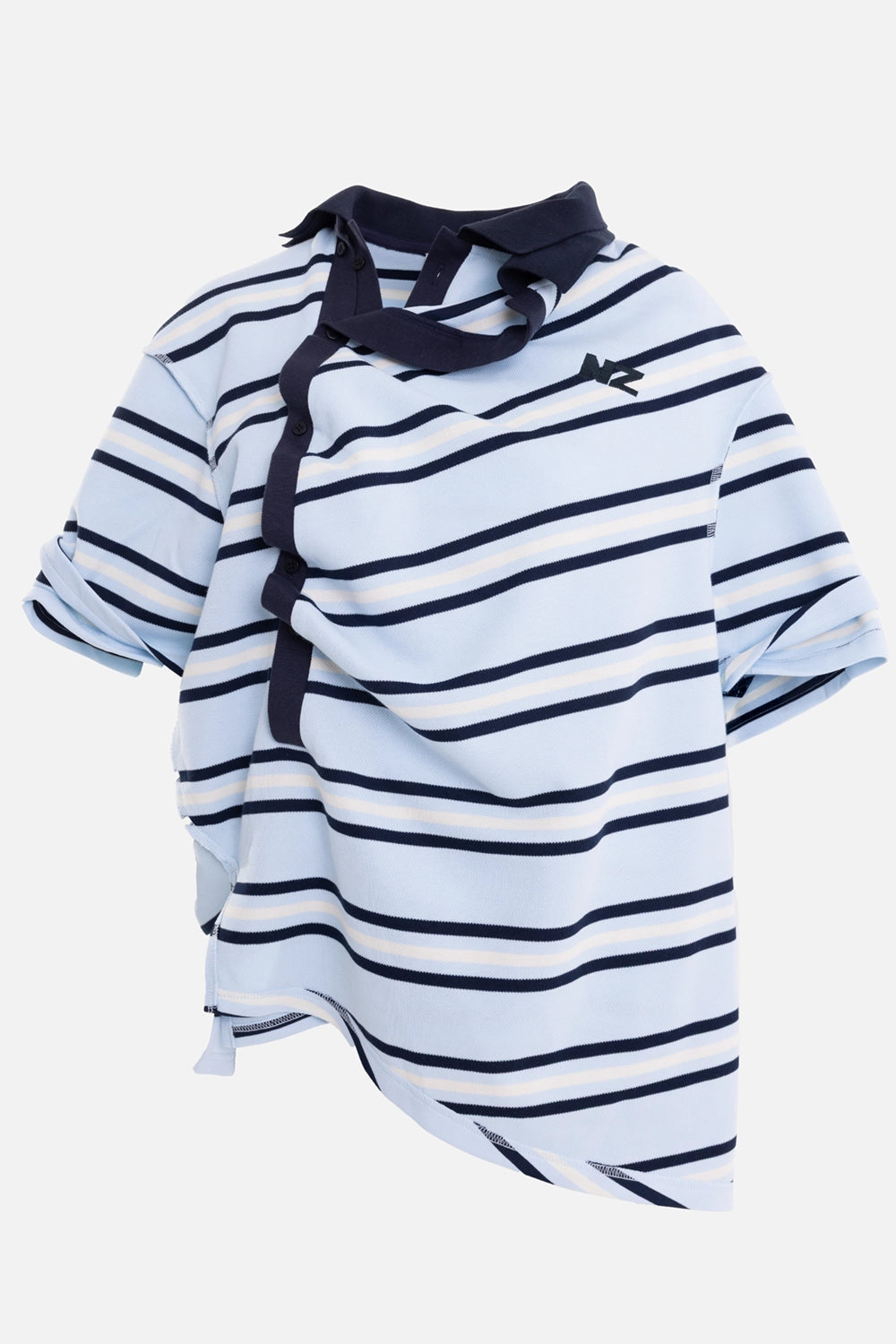 Natasha Zinko unisex double polo shirt in multicolour, front view, navy collar and asymmetric button placket