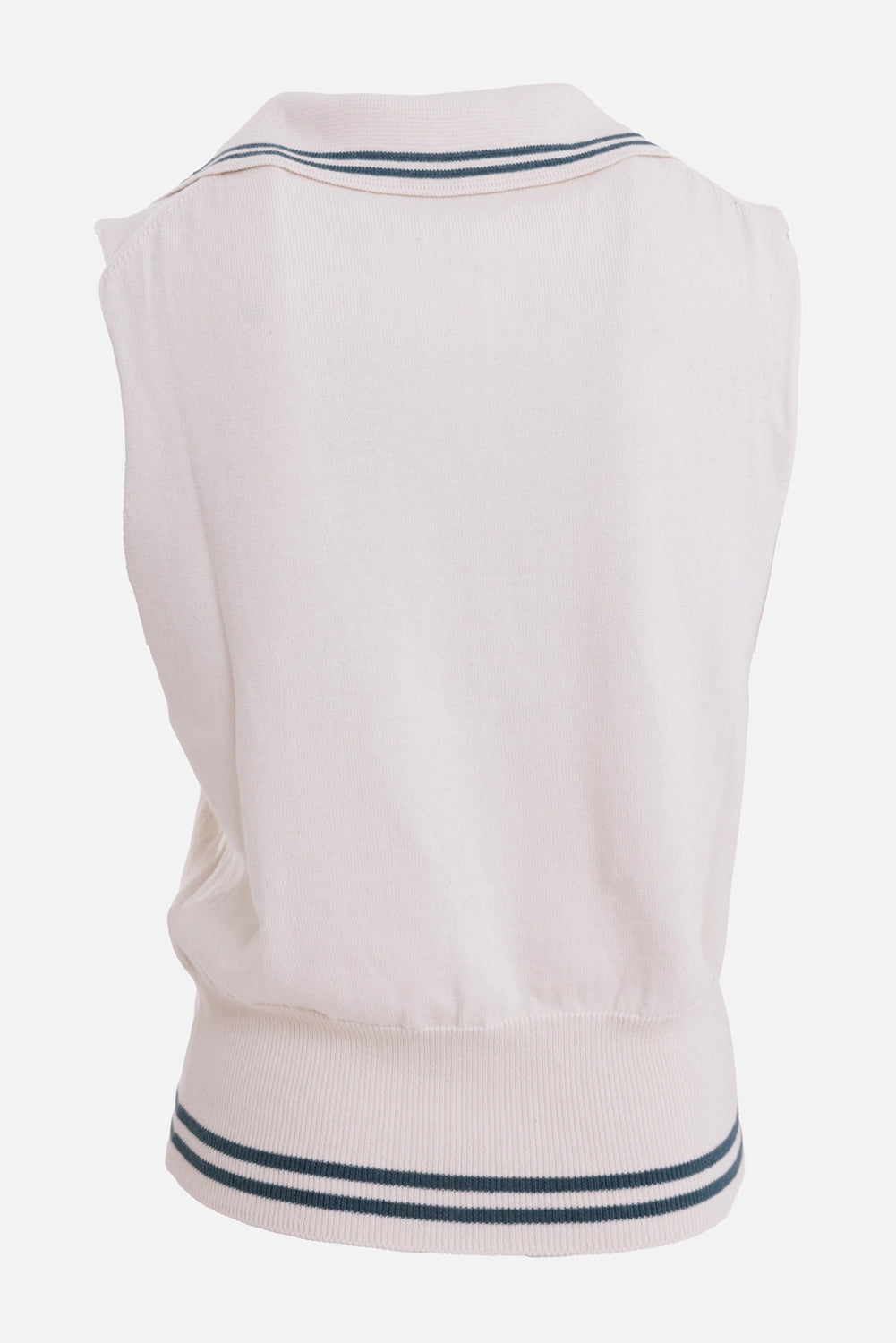 Vivienne Westwood women's knit top in Dove White, back view with striped collar edge and broad ribbed hem