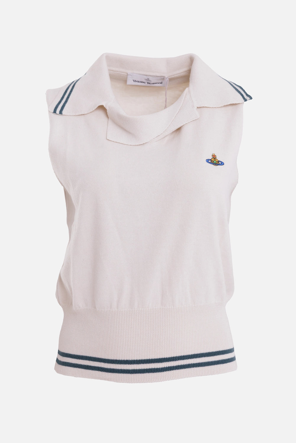 Vivienne Westwood women's knit top in Dove White, front view with draped collar, blue-grey stripes and Orb embroidery