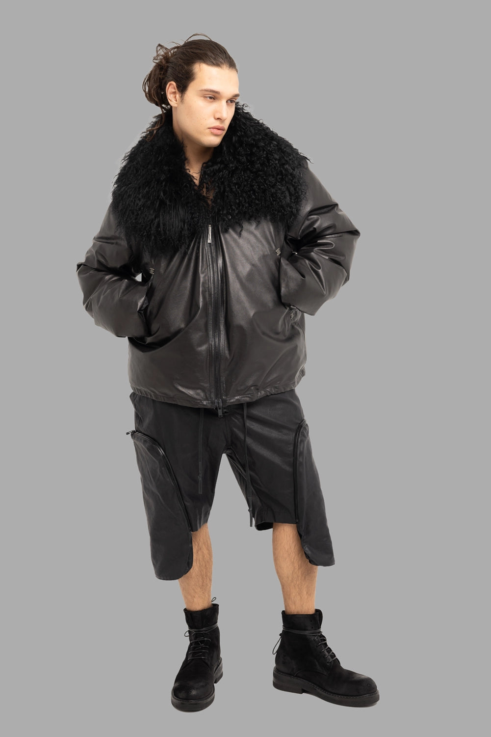 Isaac Sellam Experience unisex down jacket in black, on-model full length, oversized Mongolian shearling collar