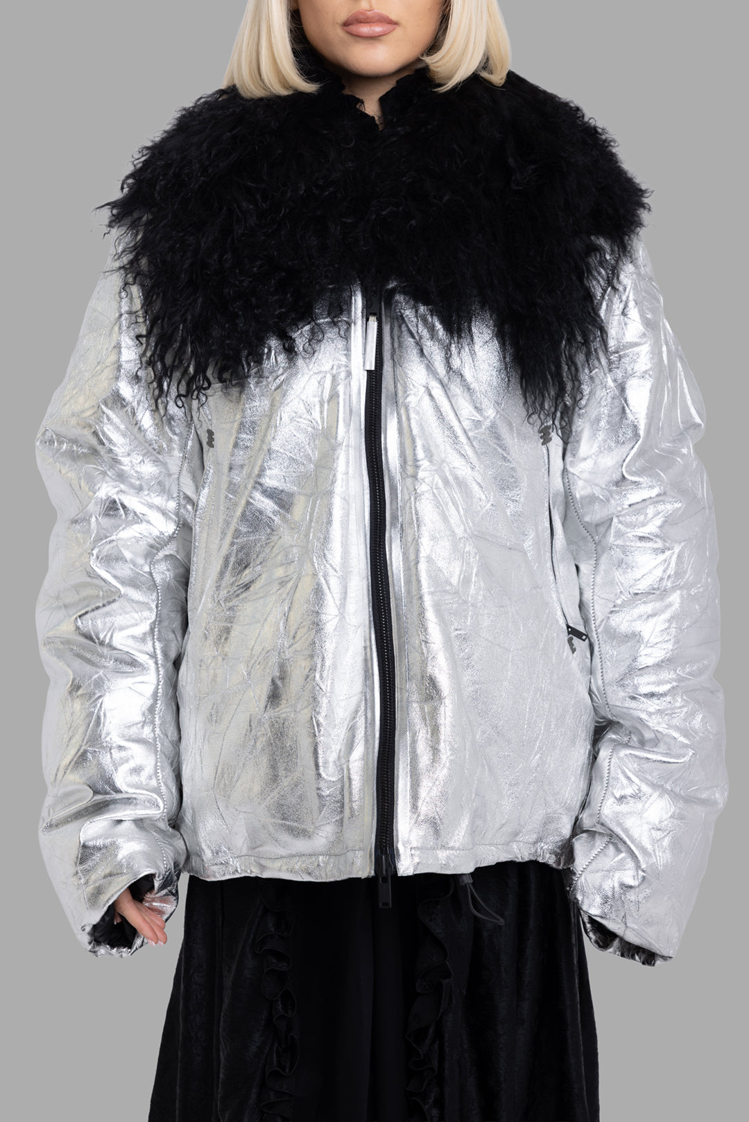 Isaac Sellam unisex metallic silver down jacket, front view, zip-through front and quilted metallic shell.