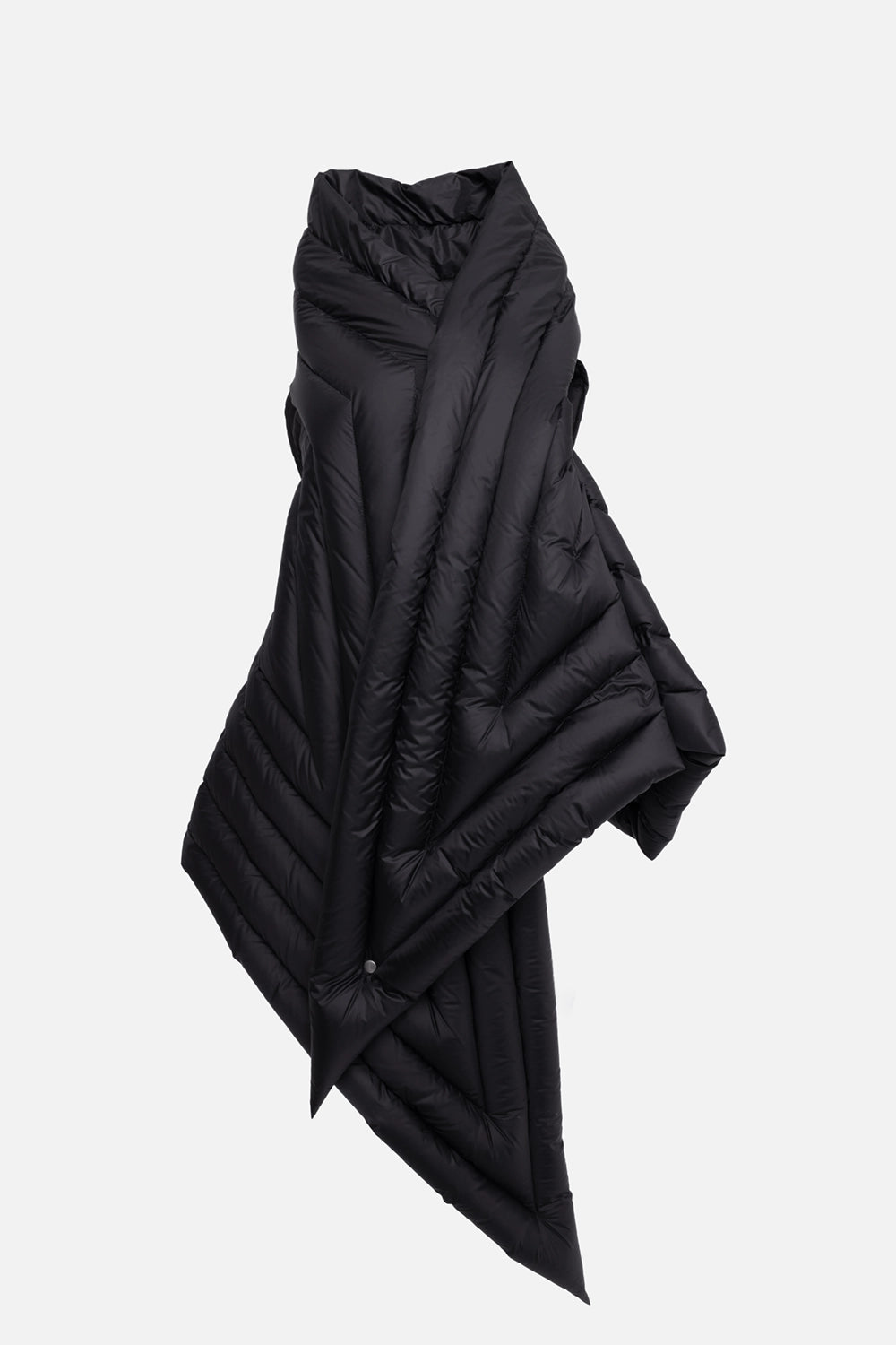 Pre-owned Rick Owens women's down wrap vest in black, 3/4 view, draped quilted silhouette with funnel neck