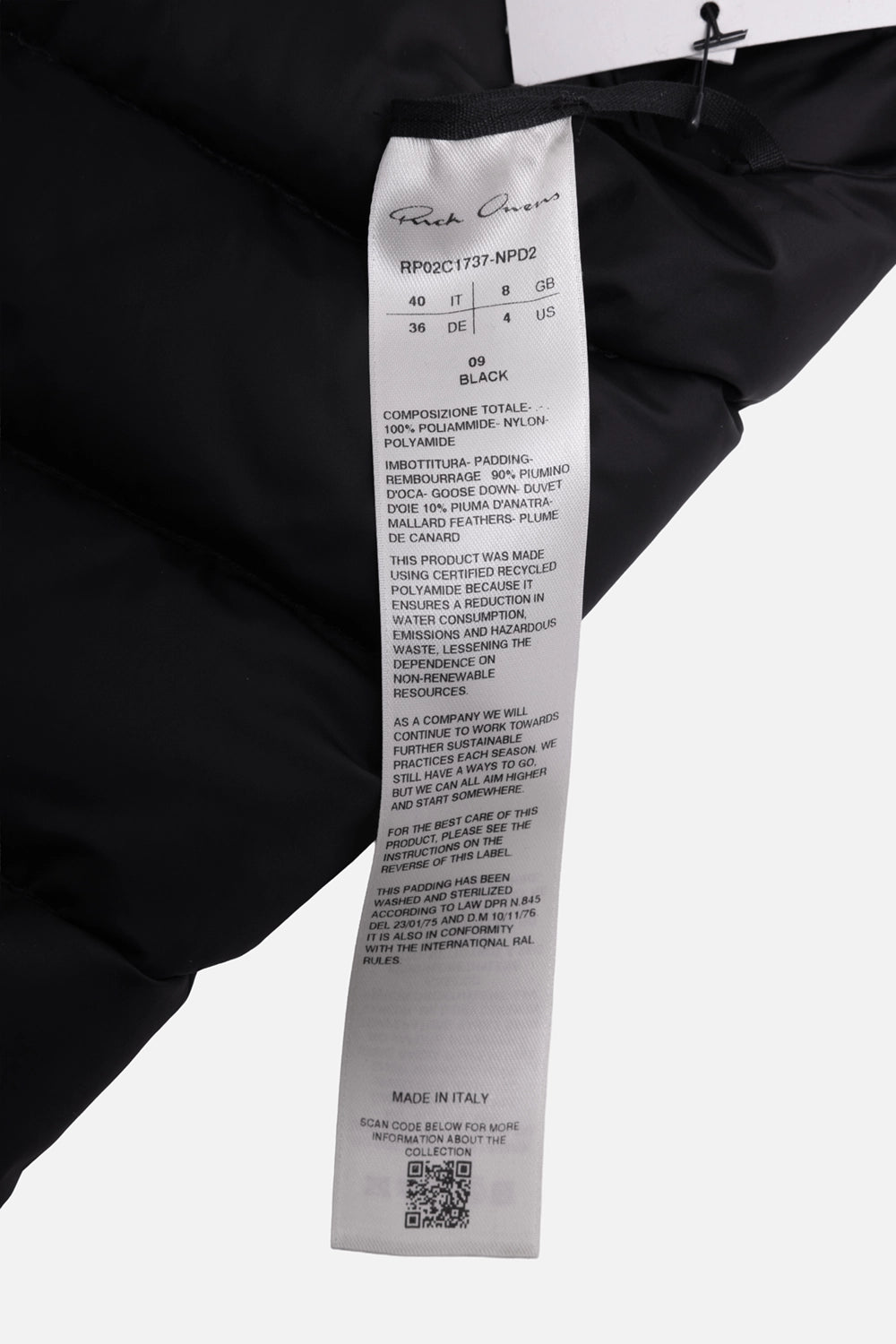 Pre-owned Rick Owens women's down wrap vest in black, care-tag view, interior label with composition details