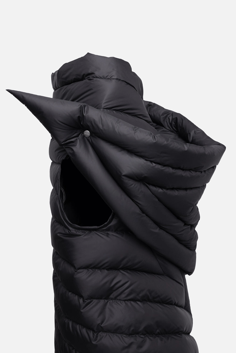 Pre-owned Rick Owens women's down wrap vest in black, hardware close-up, snap button fastening at shoulder wrap