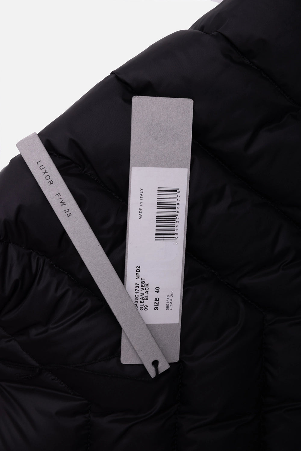 Pre-owned Rick Owens women's down wrap vest in black, label view, hang tag showing Luxor FW23 and size 40